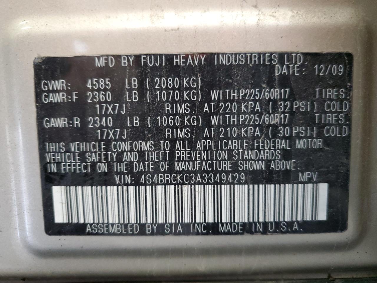 2010 Subaru Outback 2.5I Limited VIN: 4S4BRCKC3A3349429 Lot: 57769164