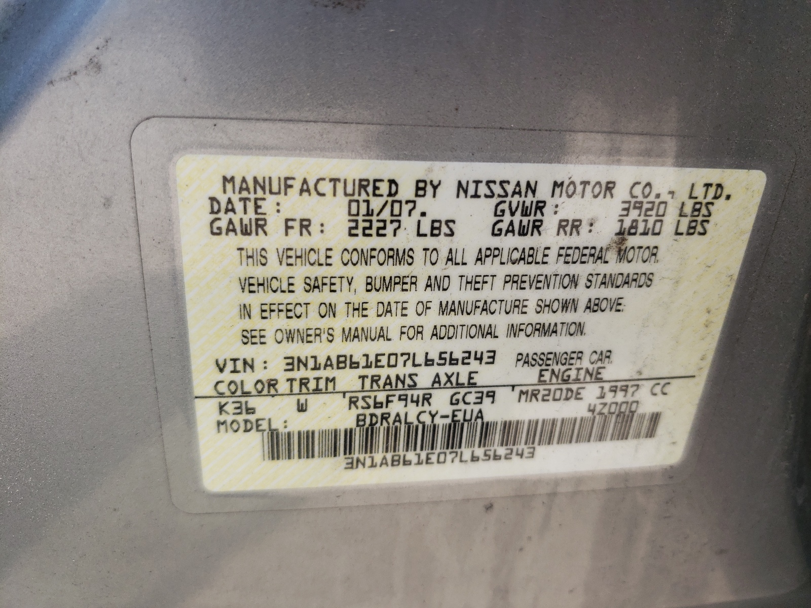 3N1AB61E07L656243 2007 Nissan Sentra 2.0