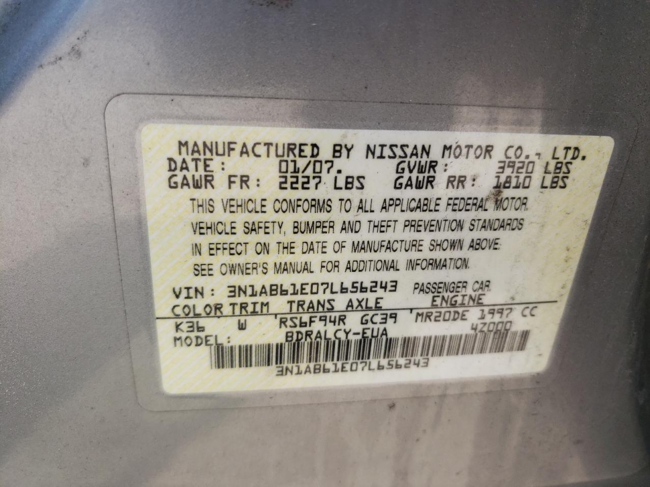 2007 Nissan Sentra 2.0 VIN: 3N1AB61E07L656243 Lot: 58943994