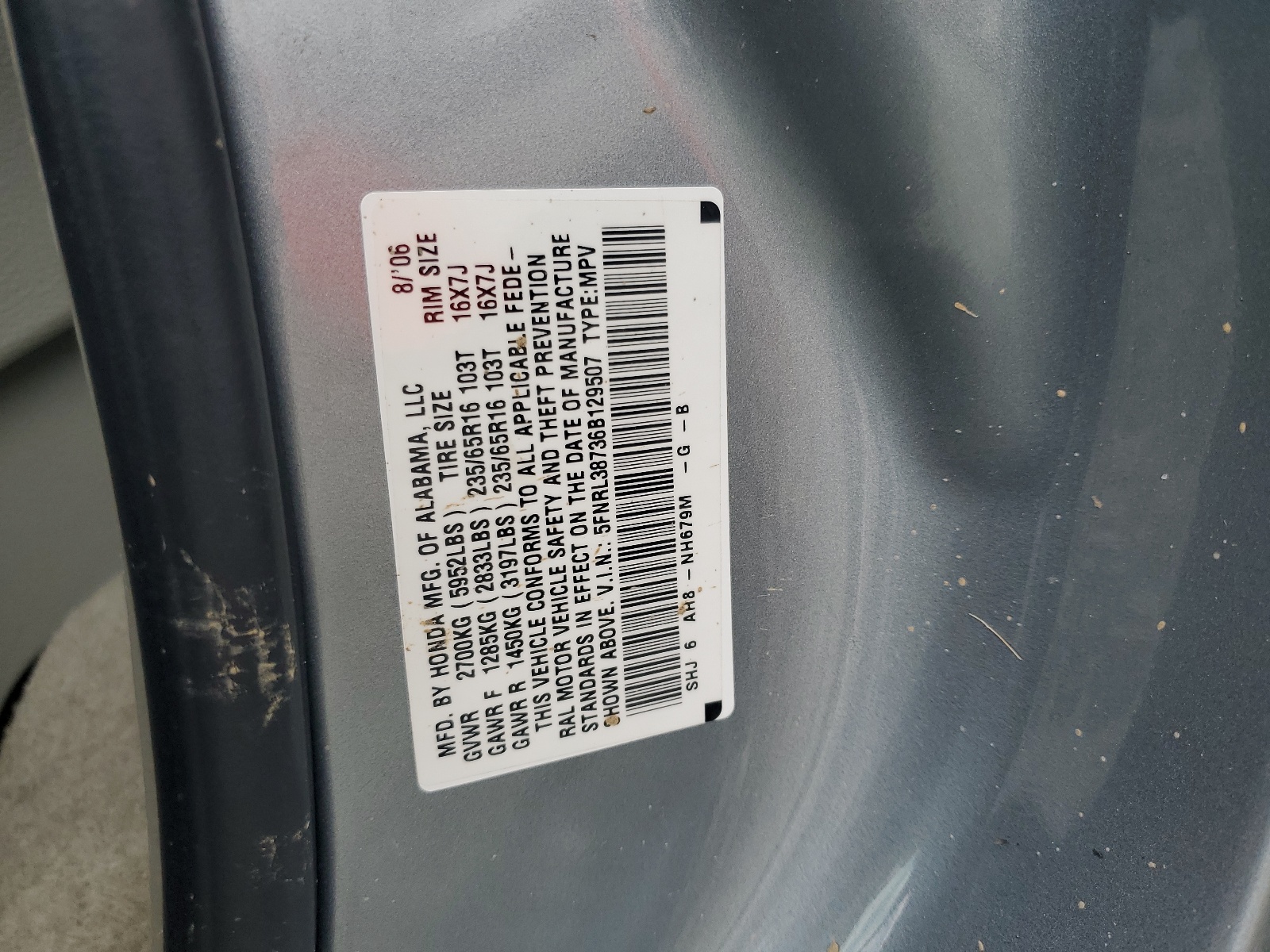 5FNRL38736B129507 2006 Honda Odyssey Exl