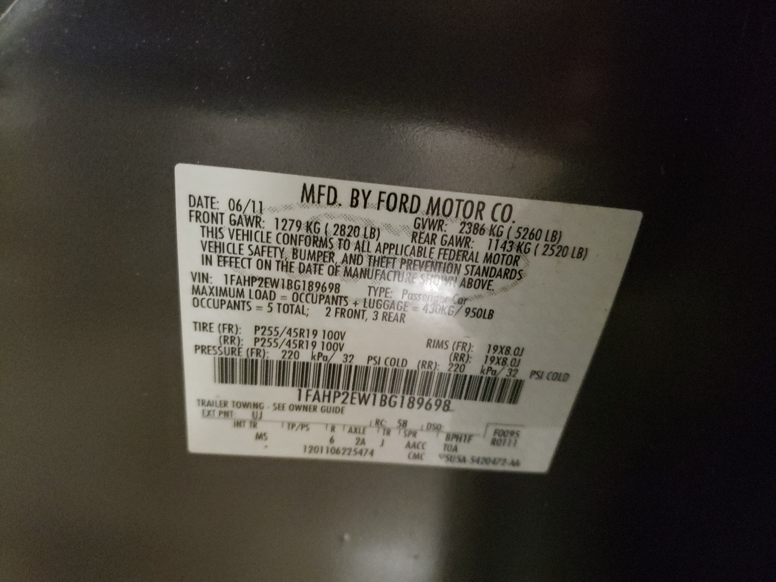 1FAHP2EW1BG189698 2011 Ford Taurus Sel