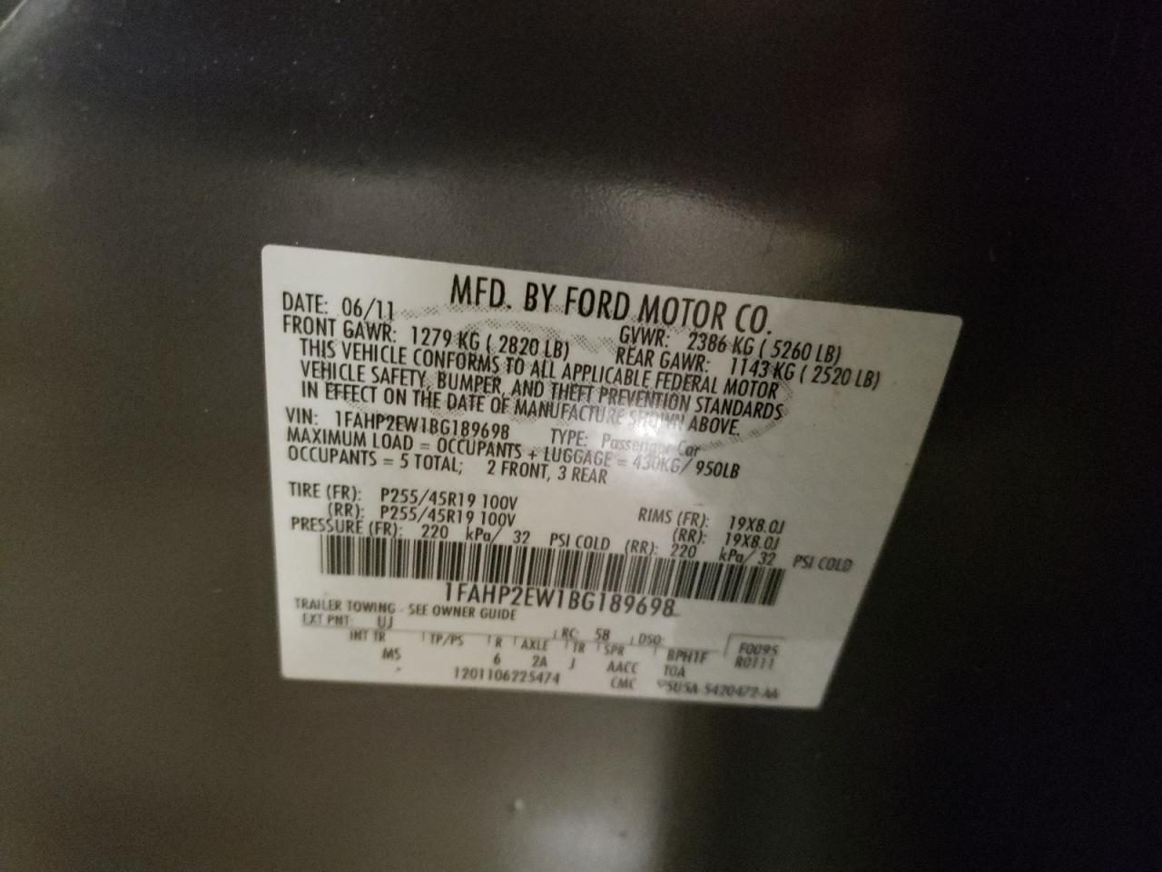 2011 Ford Taurus Sel VIN: 1FAHP2EW1BG189698 Lot: 58961804