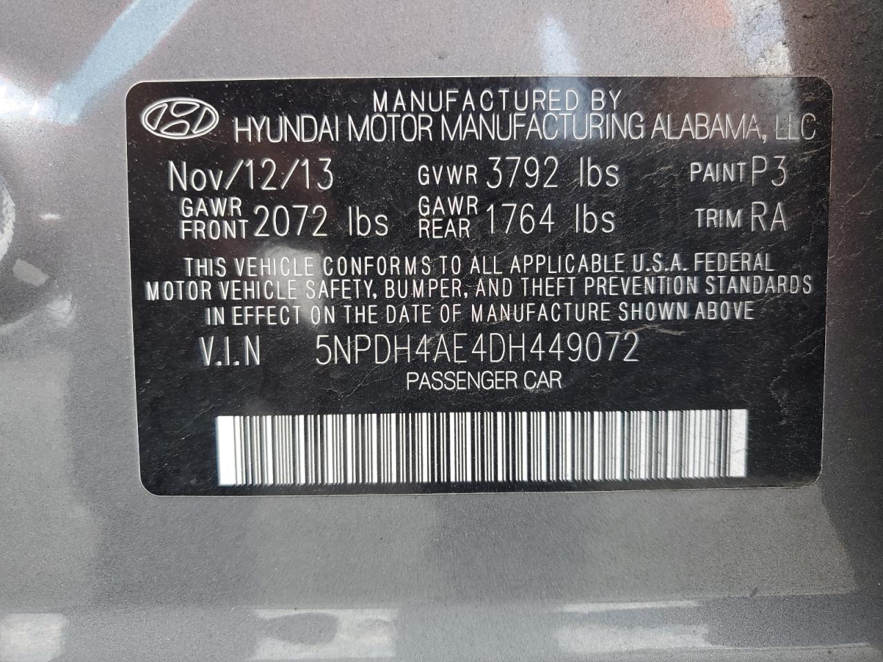 5NPDH4AE4DH449072 2013 Hyundai Elantra Gls