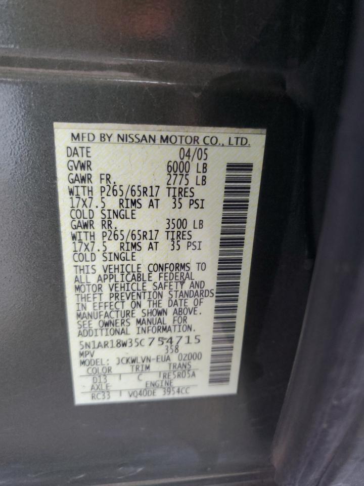 2005 Nissan Pathfinder Le VIN: 5N1AR18W35C754715 Lot: 57284074