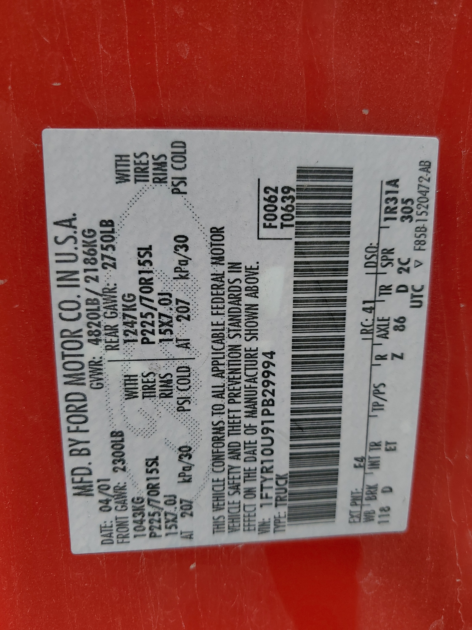 1FTYR10U91PB29994 2001 Ford Ranger