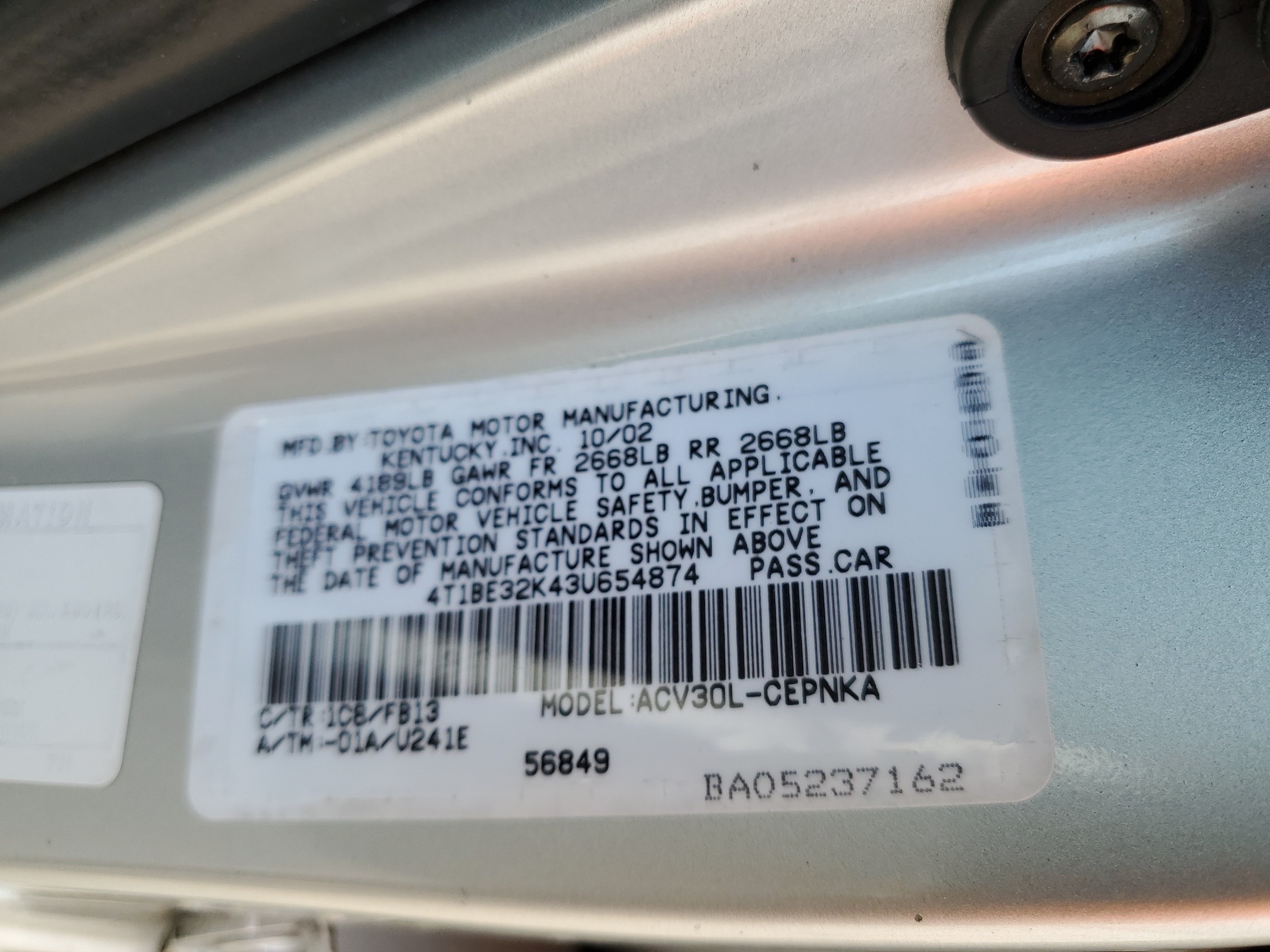 4T1BE32K43U654874 2003 Toyota Camry Le