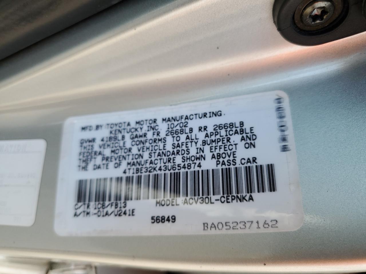 2003 Toyota Camry Le VIN: 4T1BE32K43U654874 Lot: 56639354