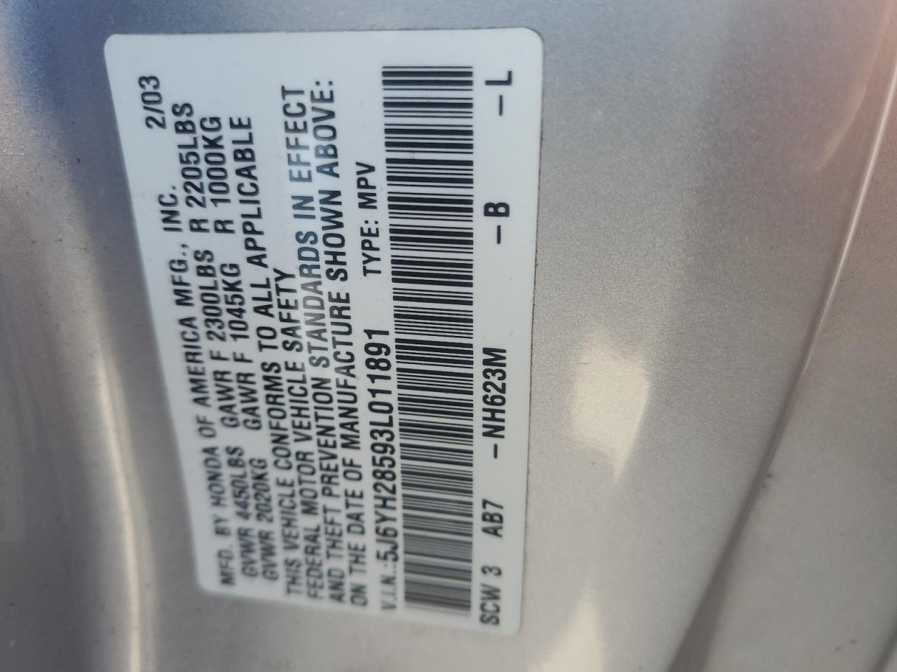 2003 Honda Element Ex VIN: 5J6YH28593L011891 Lot: 61355234