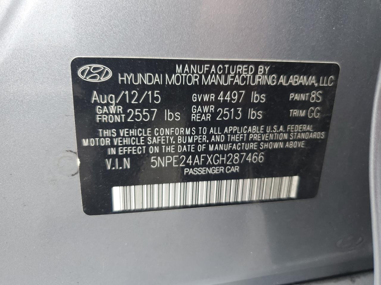 2016 Hyundai Sonata Se VIN: 5NPE24AFXGH287466 Lot: 60045464