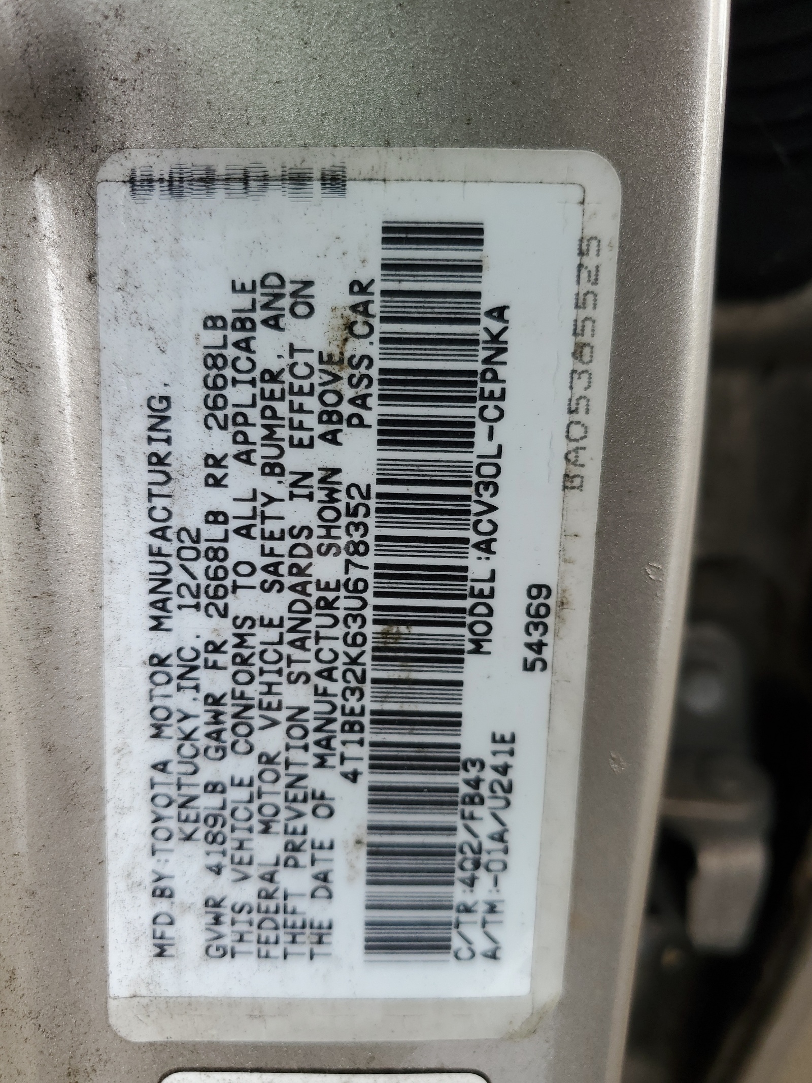 4T1BE32K63U678352 2003 Toyota Camry Le