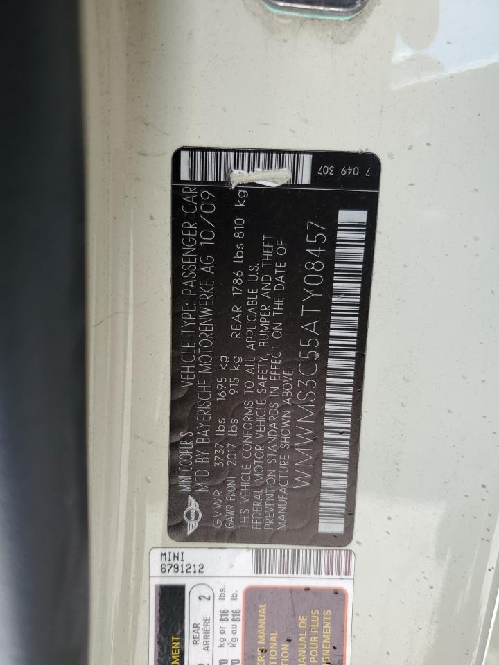 2010 Mini Cooper S VIN: WMWMS3C55ATY08457 Lot: 58563584