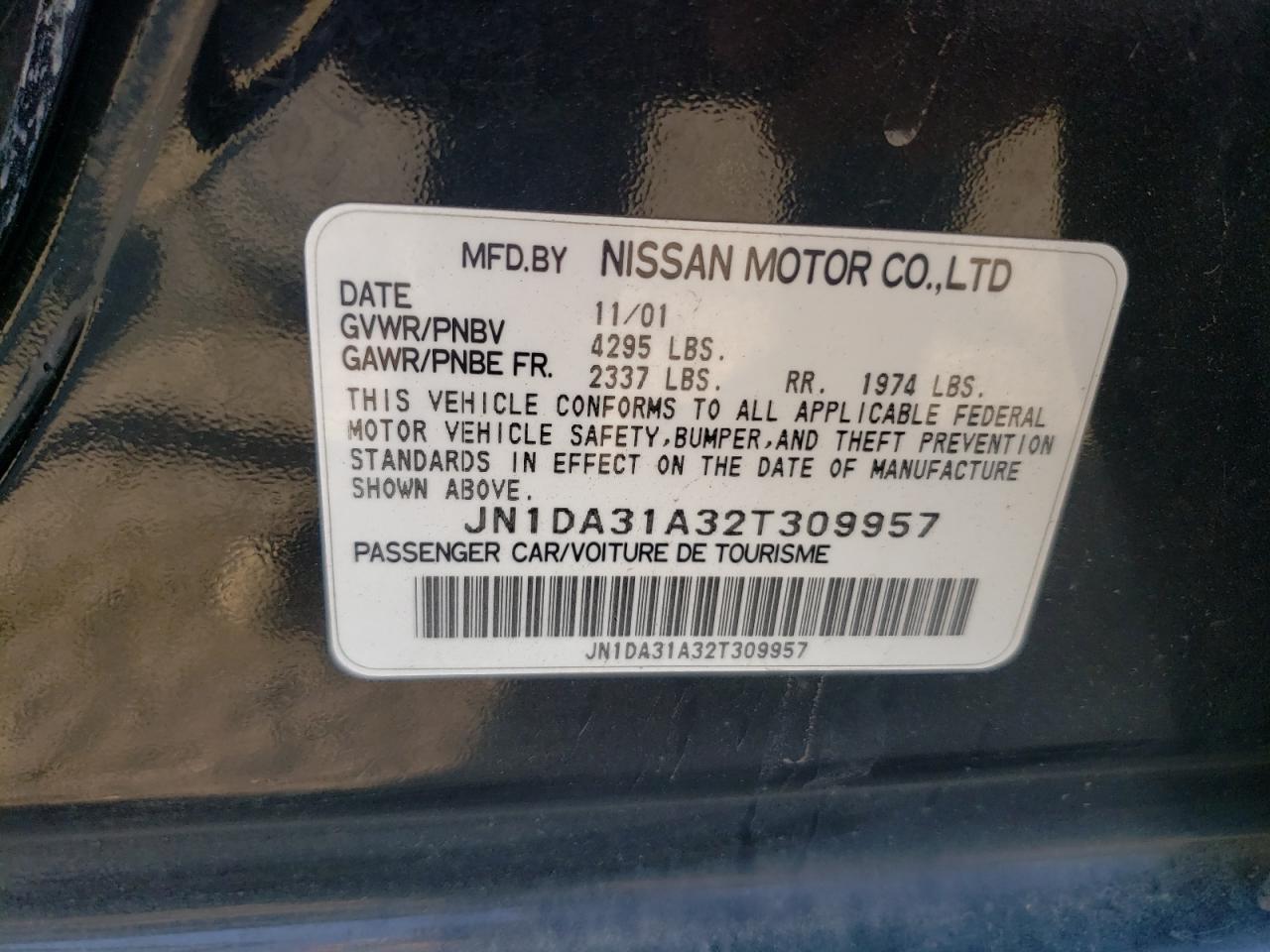 2002 Nissan Maxima Gle VIN: JN1DA31A32T309957 Lot: 65319105