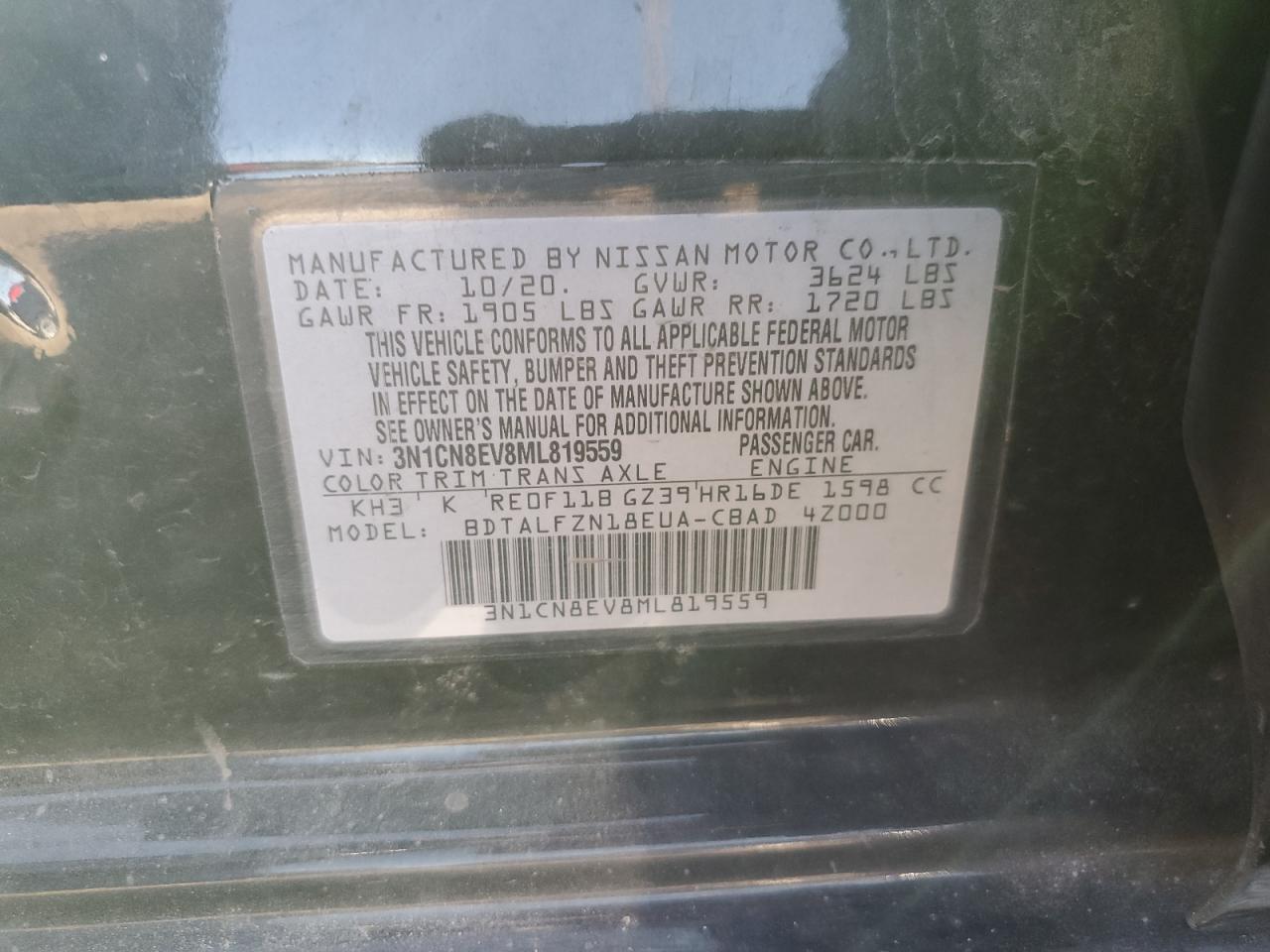 2021 Nissan Versa Sv VIN: 3N1CN8EV8ML819559 Lot: 58656064