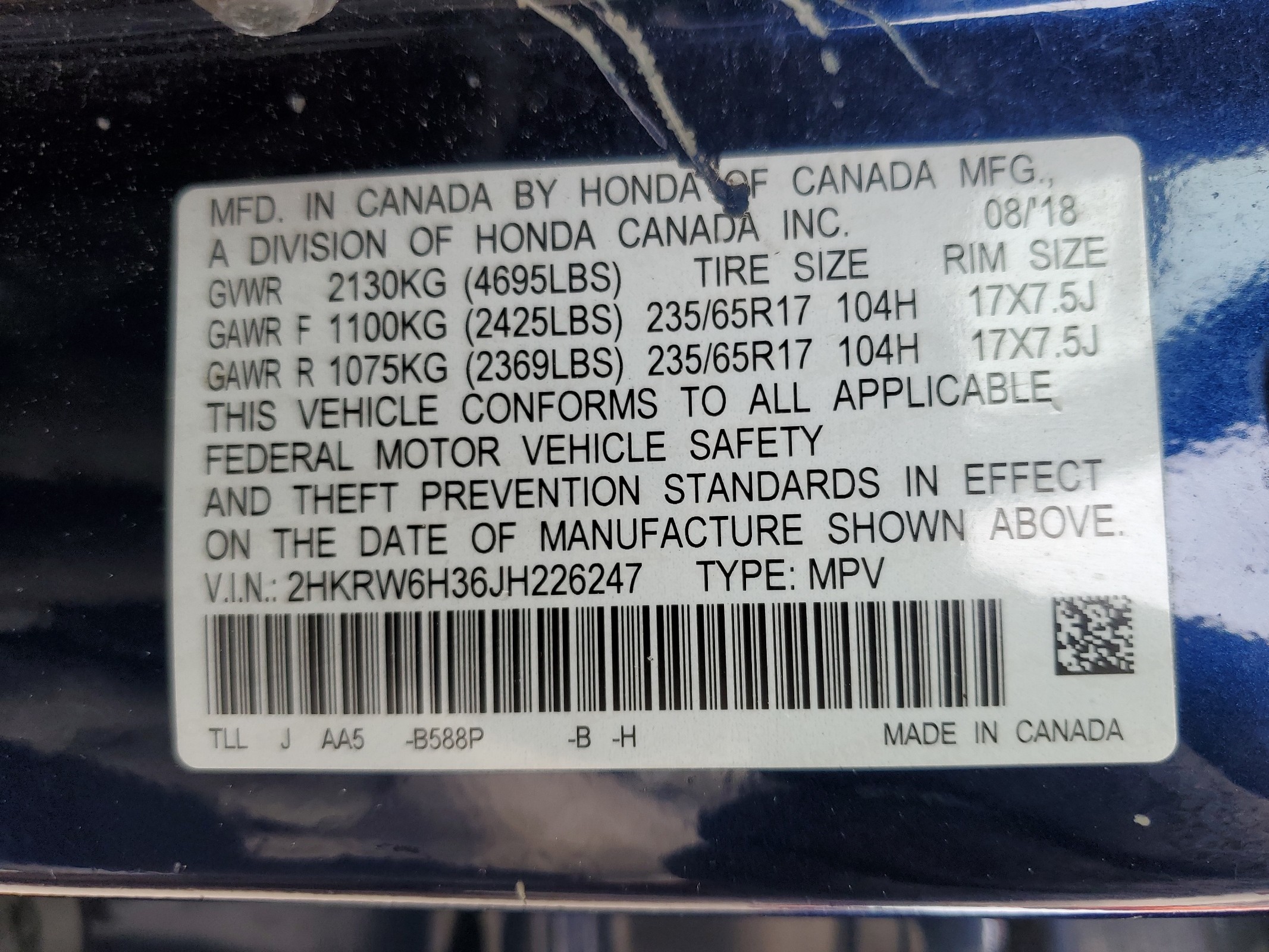 2HKRW6H36JH226247 2018 Honda Cr-V Lx