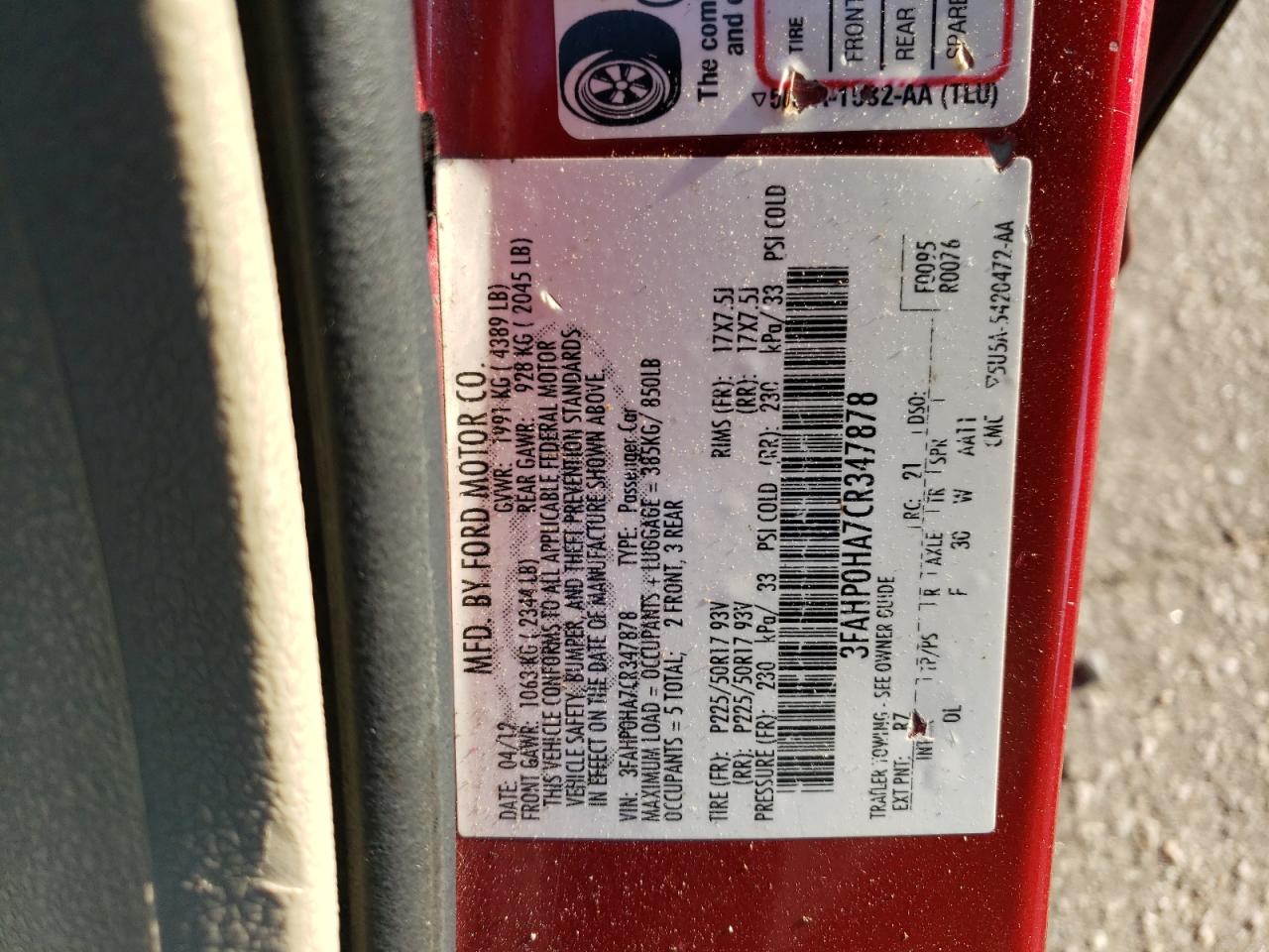 2012 Ford Fusion Se VIN: 3FAHP0HA7CR347878 Lot: 60495674