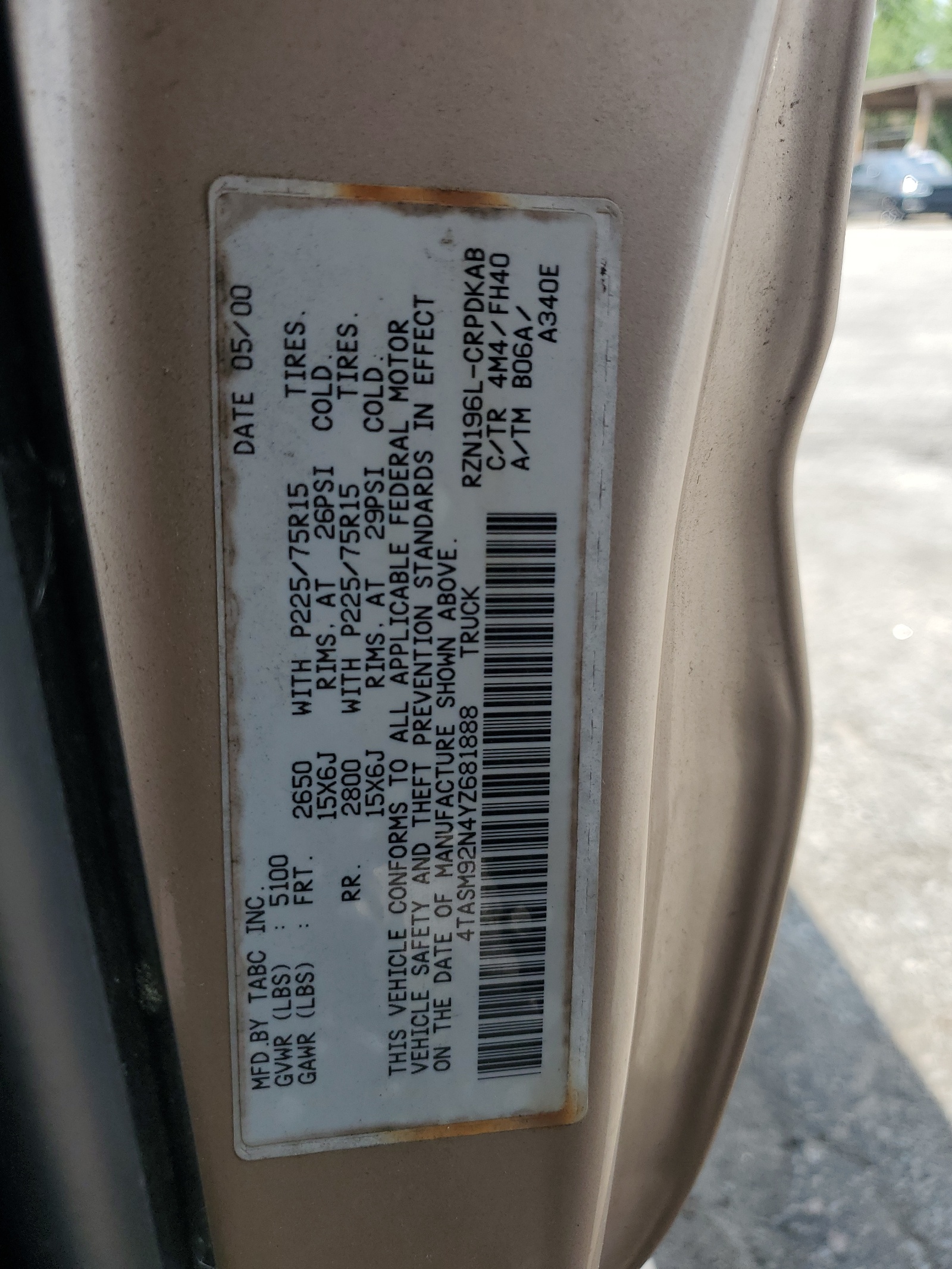 4TASM92N4YZ681888 2000 Toyota Tacoma Xtracab Prerunner