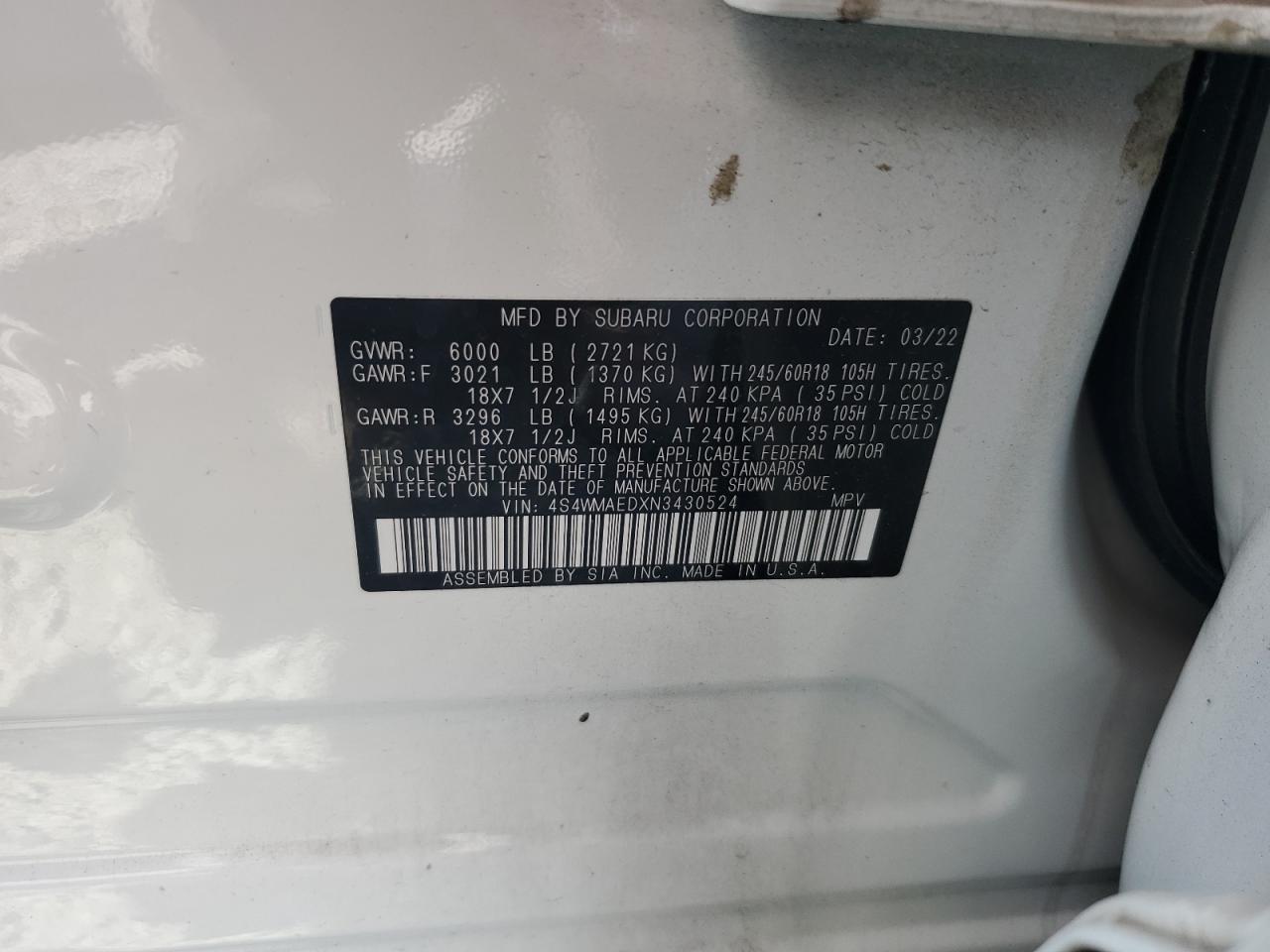 2022 Subaru Ascent Premium VIN: 4S4WMAEDXN3430524 Lot: 58959104