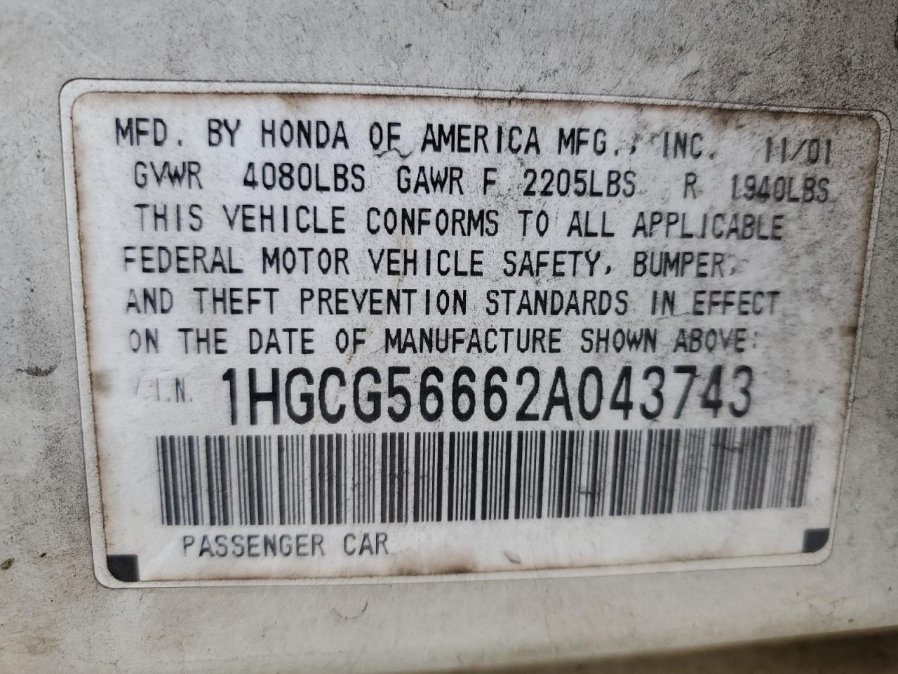 1HGCG56662A043743 2002 Honda Accord Ex