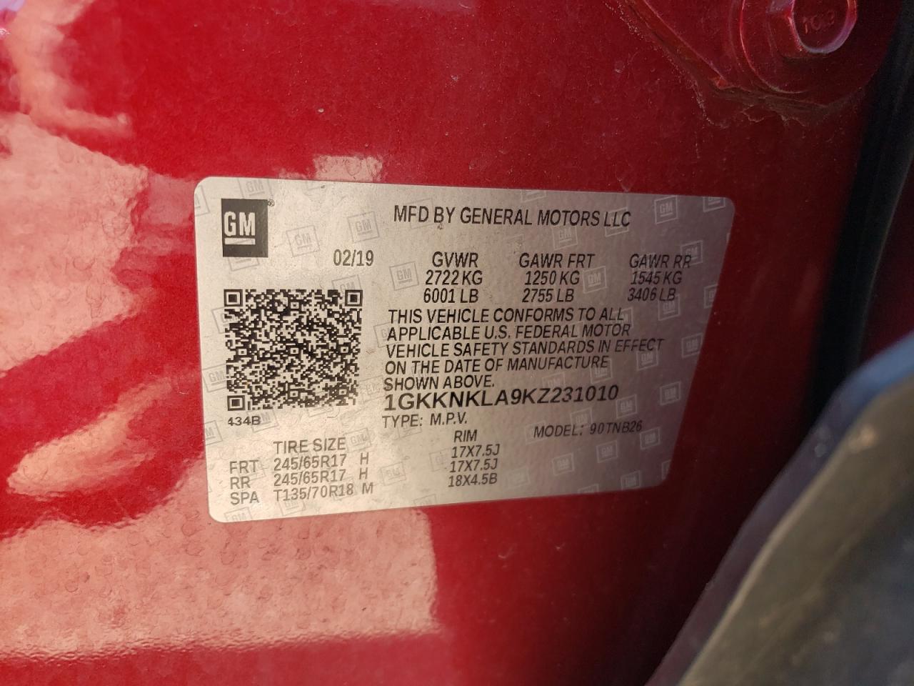 2019 GMC Acadia Sle VIN: 1GKKNKLA9KZ231010 Lot: 58023484