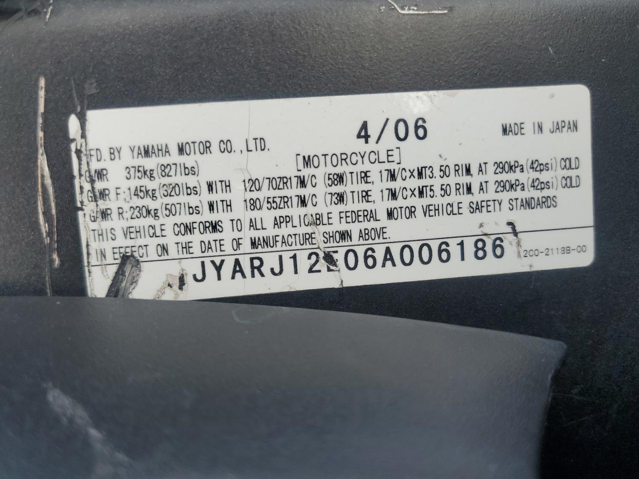 2006 Yamaha Yzfr6 L VIN: JYARJ12E06A006186 Lot: 70605104