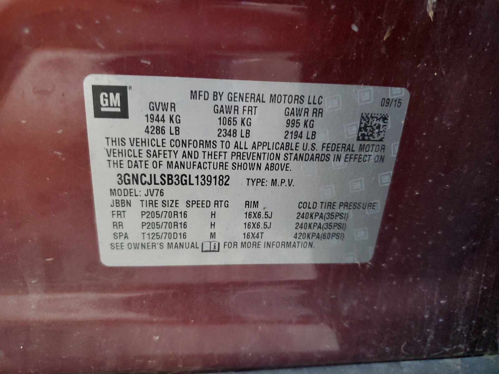 3GNCJLSB3GL139182 2016 Chevrolet Trax 1Lt