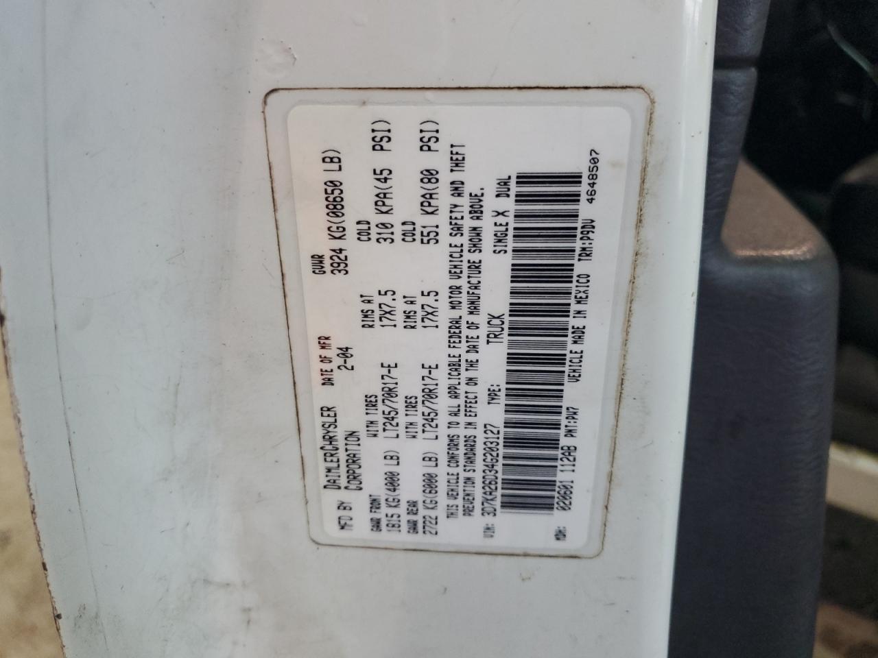 2004 Dodge Ram 2500 St VIN: 3D7KA26D34G203127 Lot: 59319854