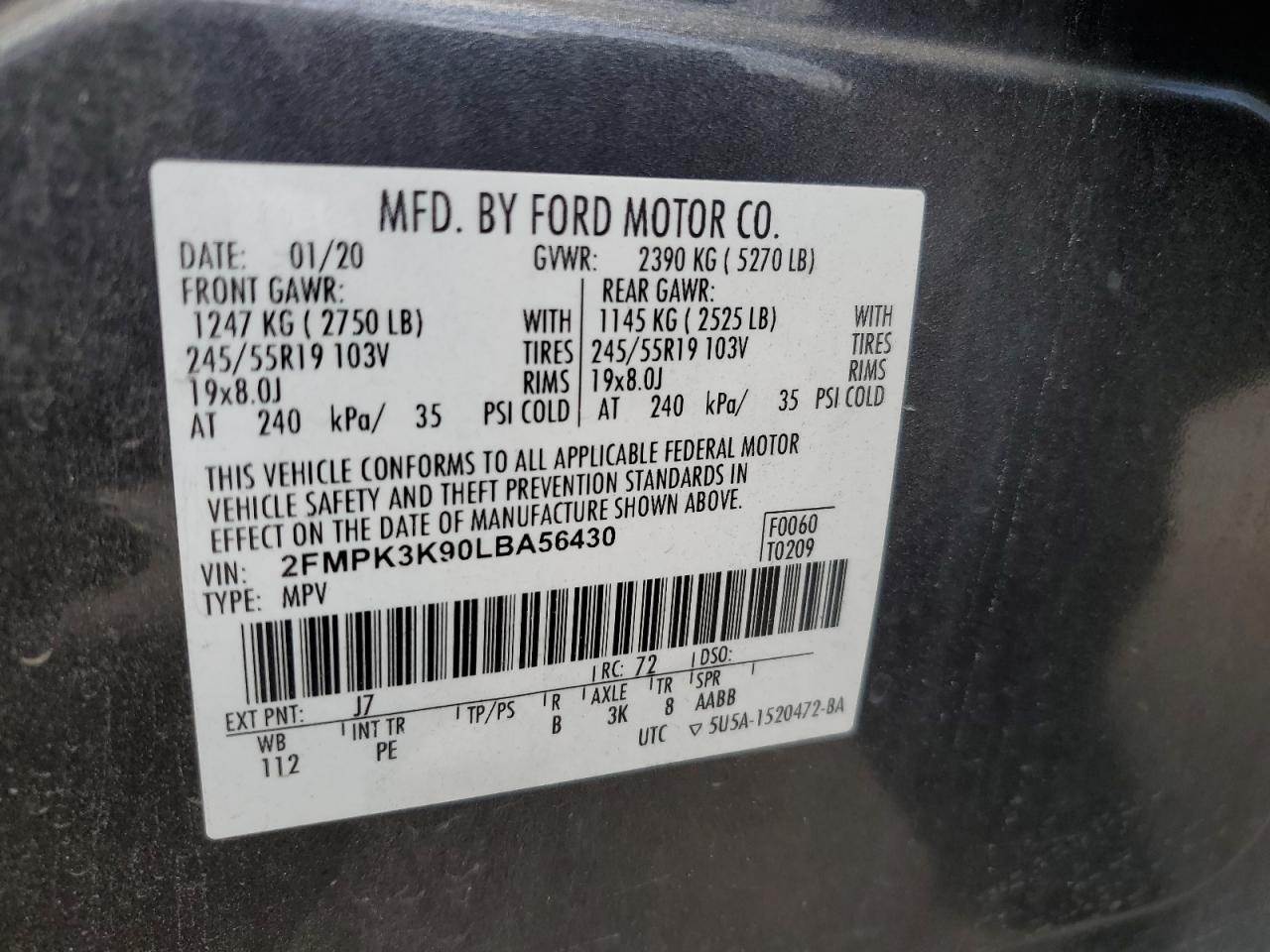 2020 Ford Edge Titanium VIN: 2FMPK3K90LBA56430 Lot: 59249094