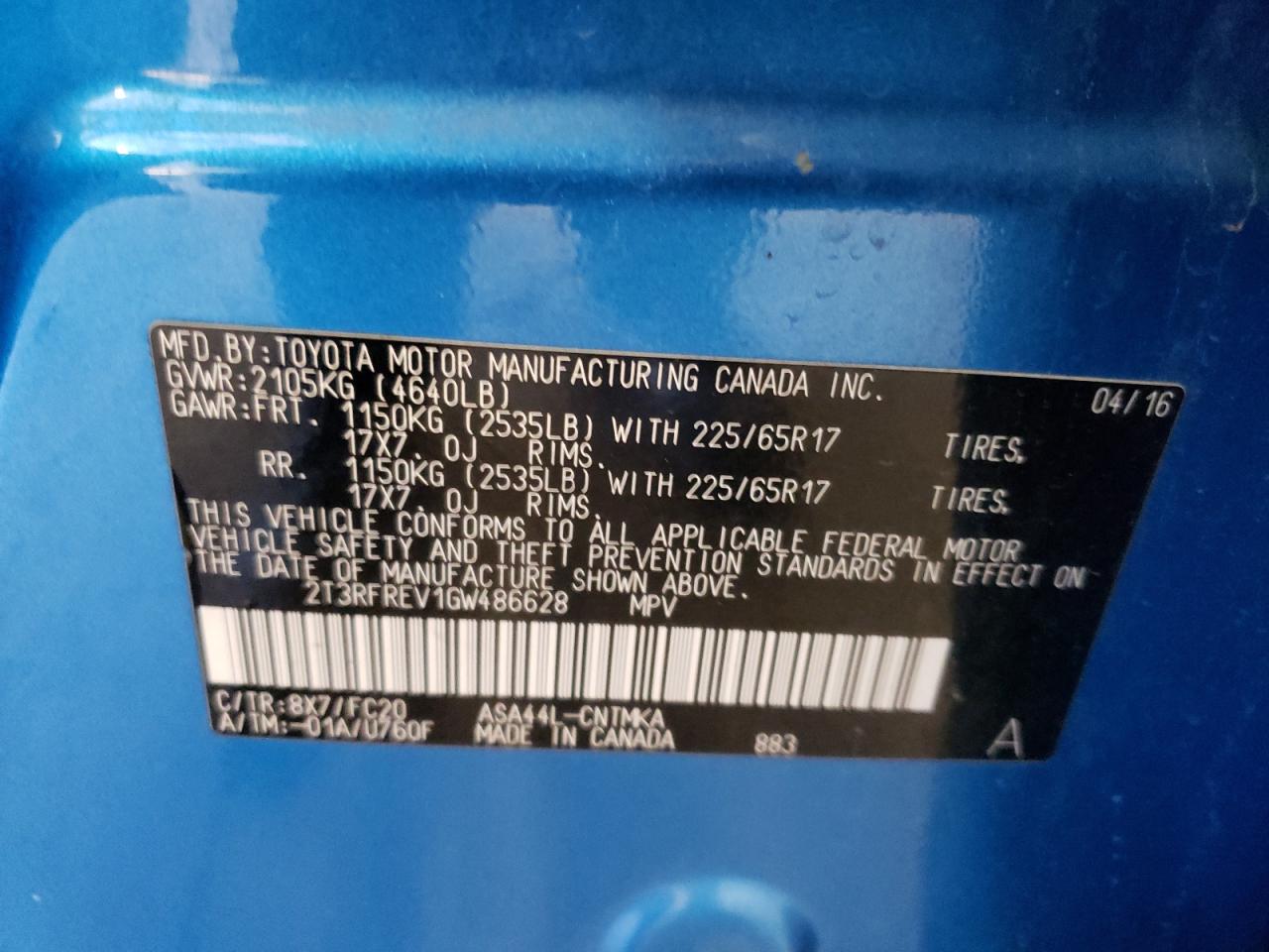 2016 Toyota Rav4 Xle VIN: 2T3RFREV1GW486628 Lot: 58747124