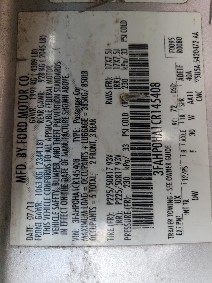 2012 Ford Fusion Se VIN: 3FAHP0HA1CR145408 Lot: 57804024