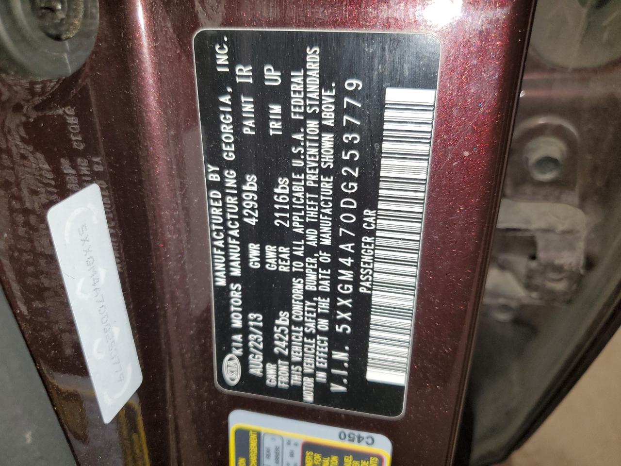 2013 Kia Optima Lx VIN: 5XXGM4A70DG253779 Lot: 59846554