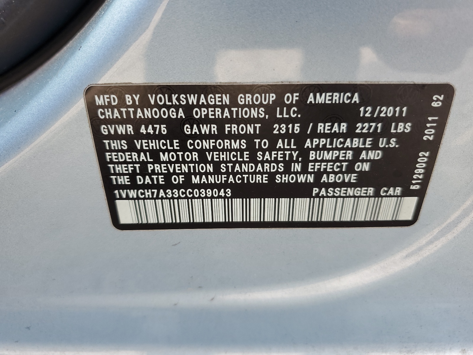 1VWCH7A33CC039043 2012 Volkswagen Passat Sel