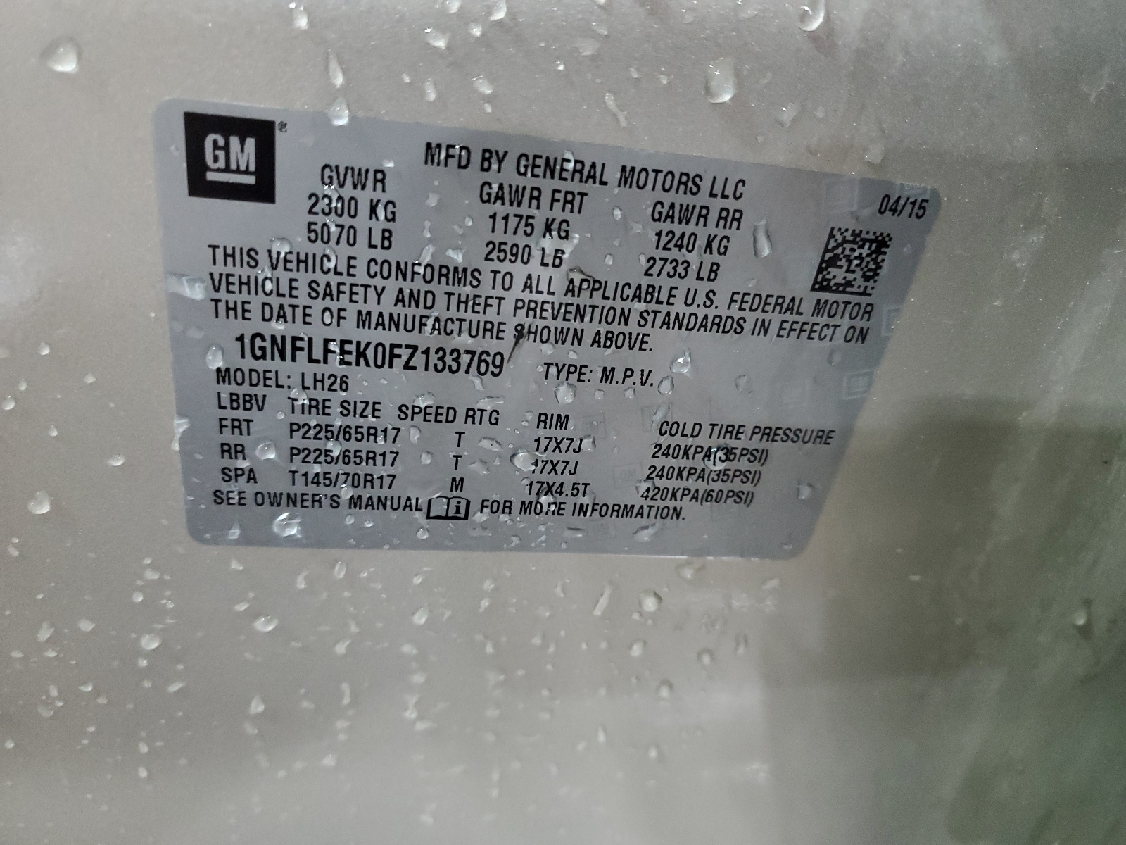 1GNFLFEK0FZ133769 2015 Chevrolet Equinox Lt