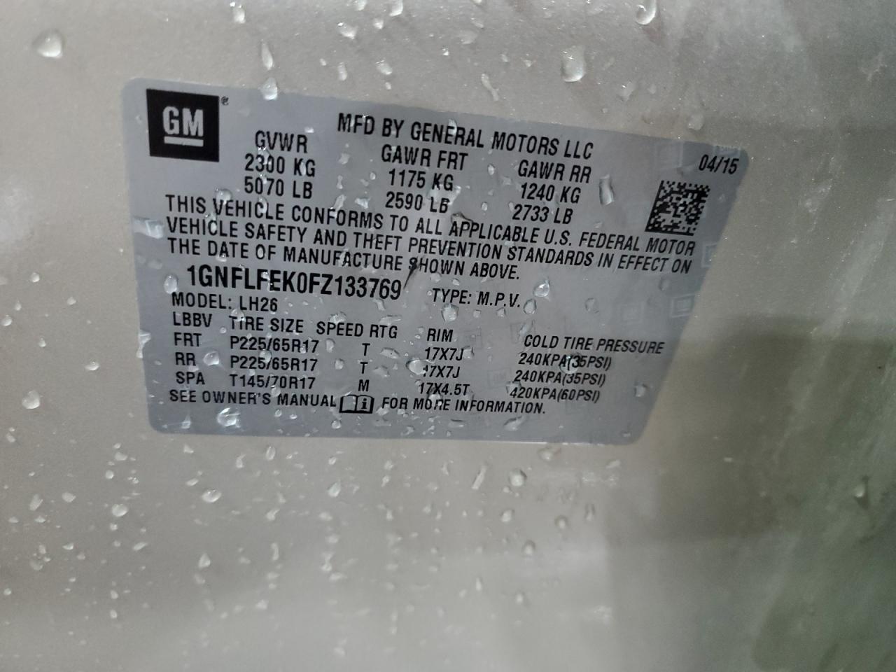 2015 Chevrolet Equinox Lt VIN: 1GNFLFEK0FZ133769 Lot: 58885864