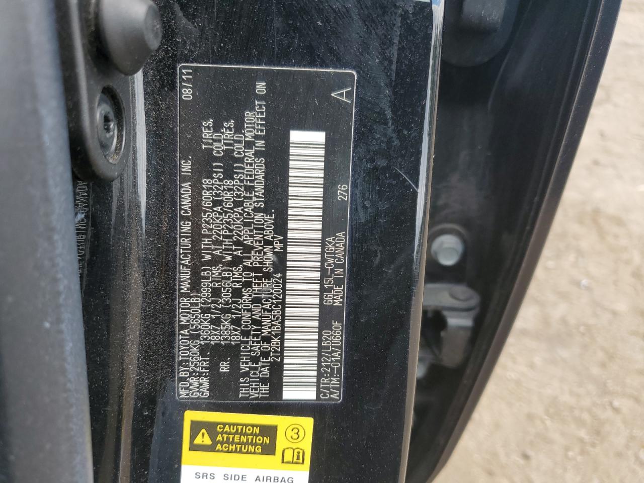 2011 Lexus Rx 350 VIN: 2T2BK1BA5BC120024 Lot: 60600844