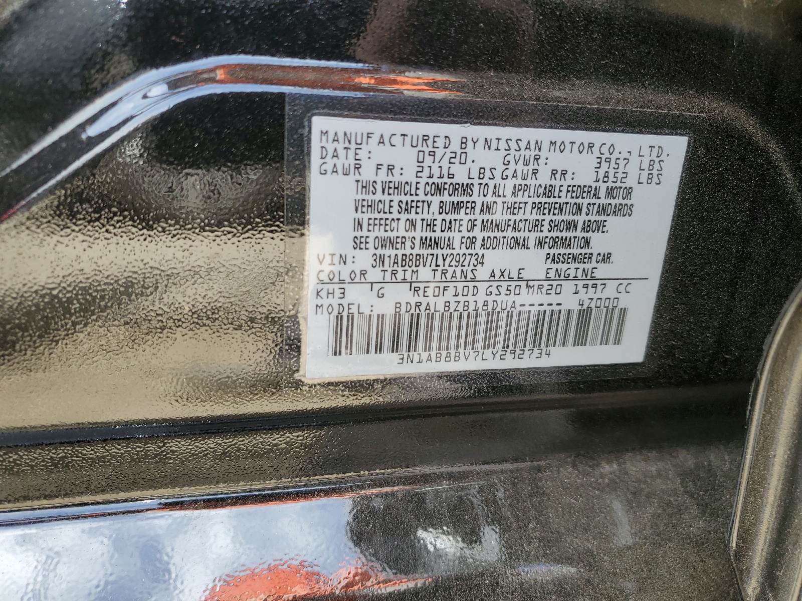 3N1AB8BV7LY292734 2020 Nissan Sentra S