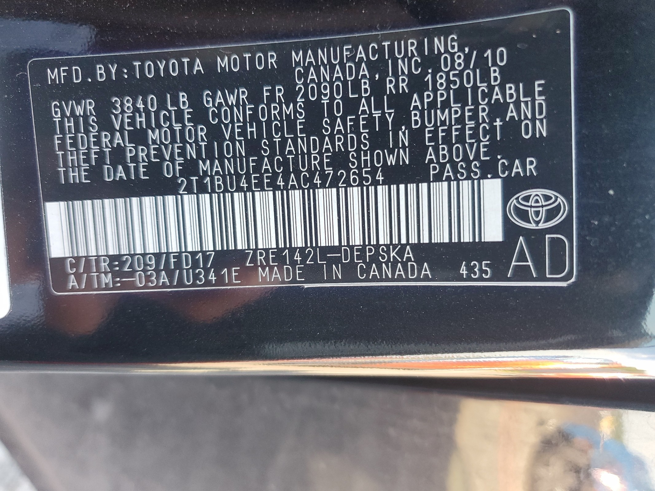 2T1BU4EE4AC472654 2010 Toyota Corolla Base