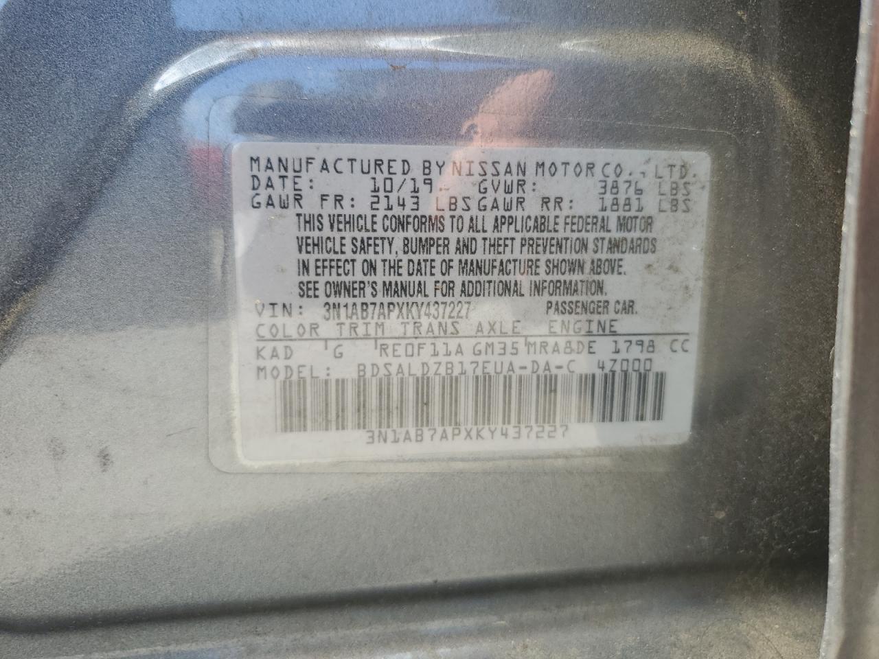 3N1AB7APXKY437227 2019 Nissan Sentra S