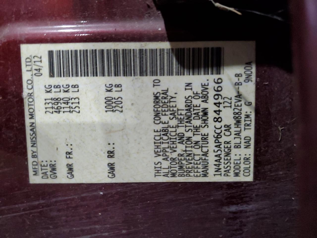 2012 Nissan Maxima S VIN: 1N4AA5AP6CC844966 Lot: 60076654