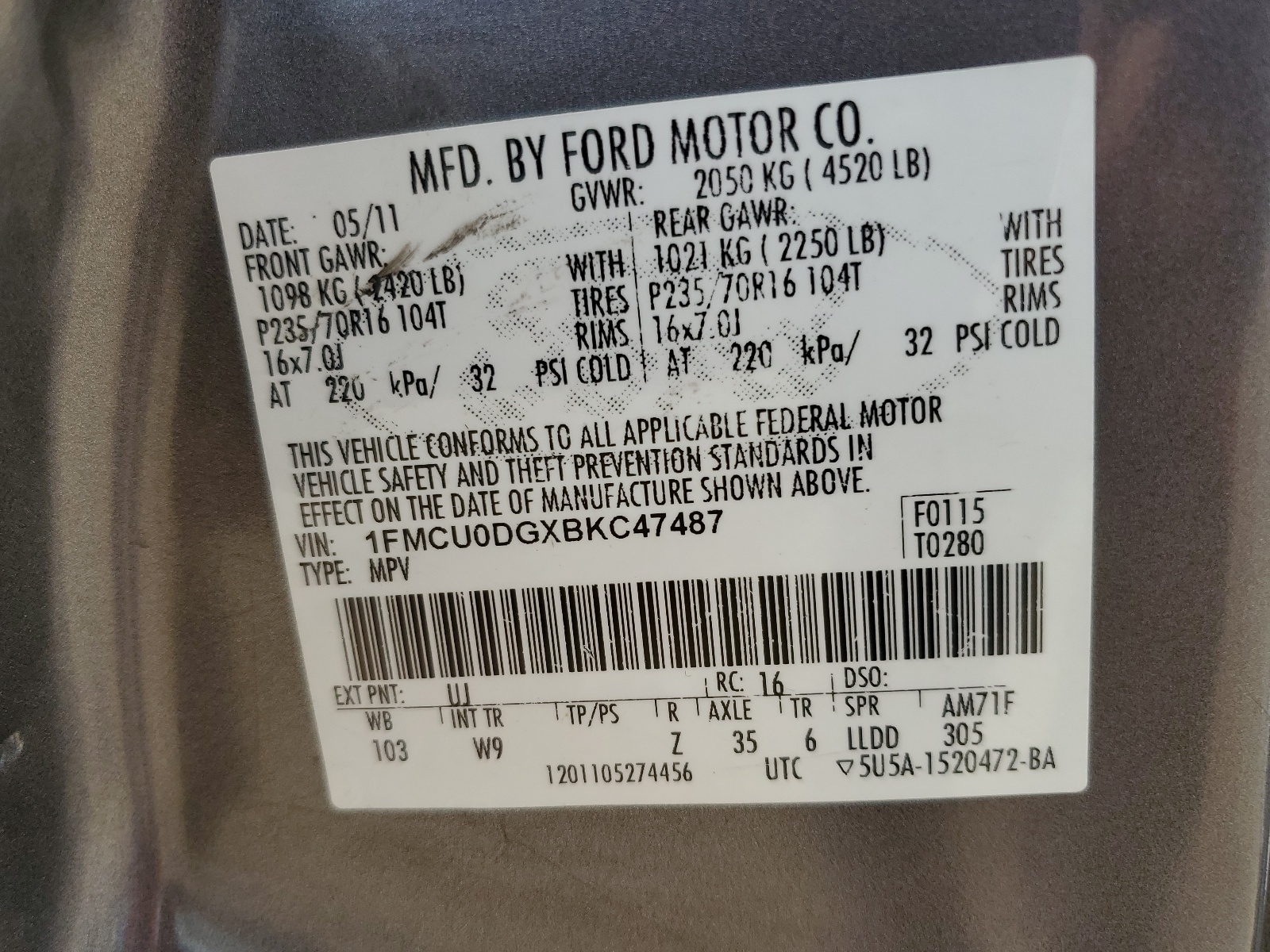 1FMCU0DGXBKC47487 2011 Ford Escape Xlt