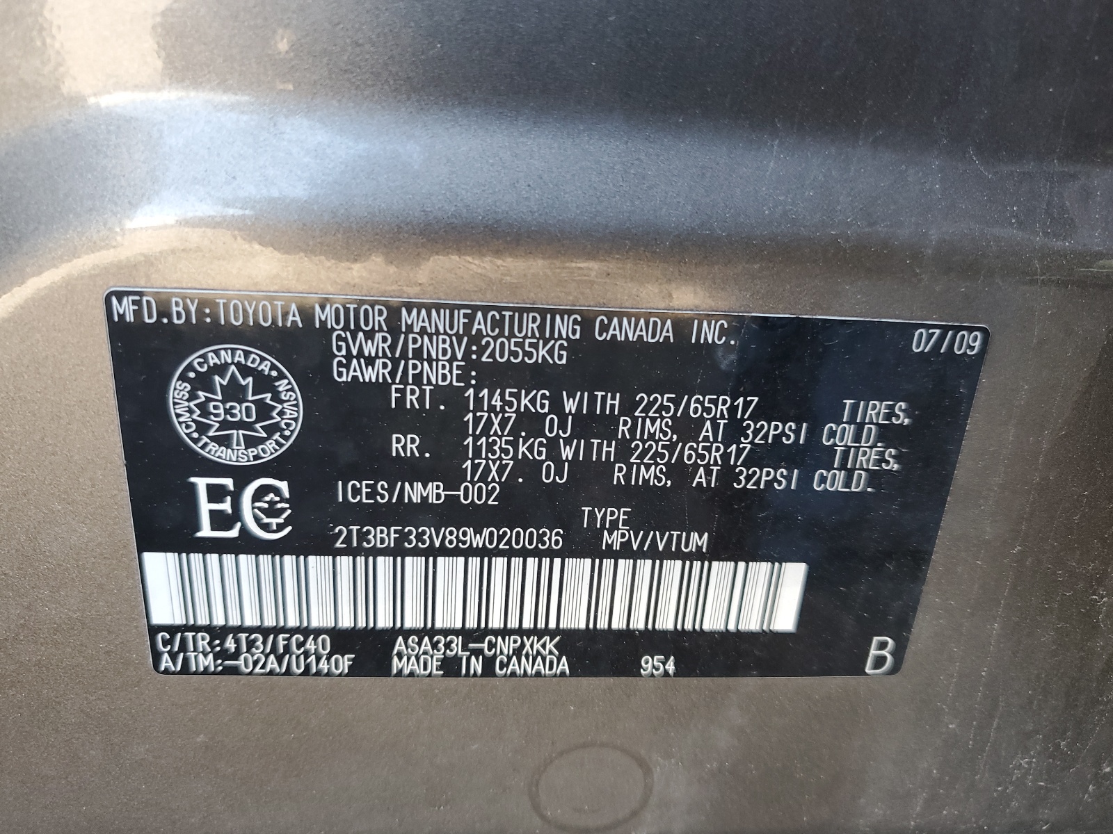 2T3BF33V89W020036 2009 Toyota Rav4