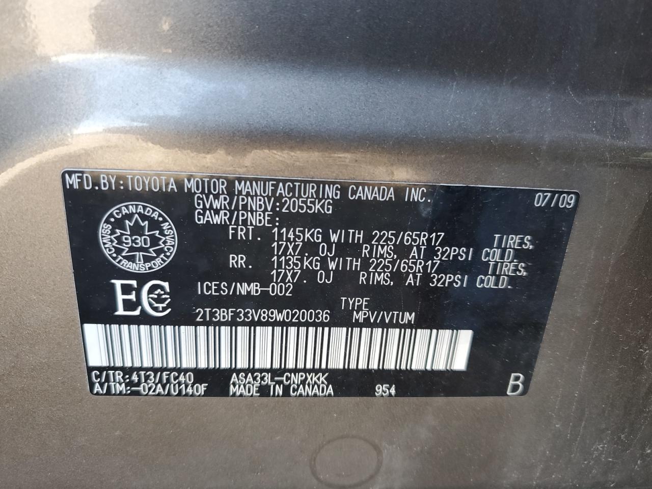 2009 Toyota Rav4 VIN: 2T3BF33V89W020036 Lot: 59372904