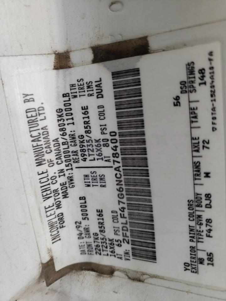 1992 Ford F Super Duty VIN: 2FDLF47G6NCA78400 Lot: 57911334