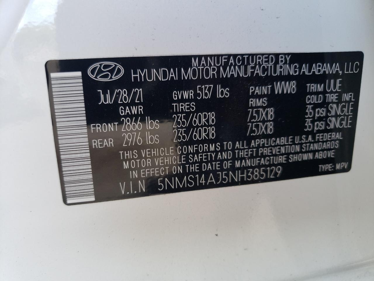 5NMS14AJ5NH385129 2022 Hyundai Santa Fe Se