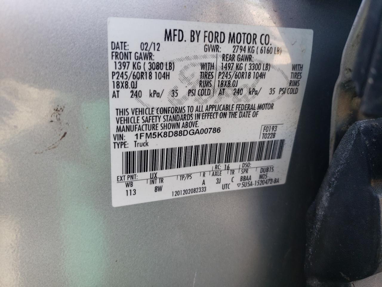 2013 Ford Explorer Xlt VIN: 1FM5K8D88DGA00786 Lot: 55854214