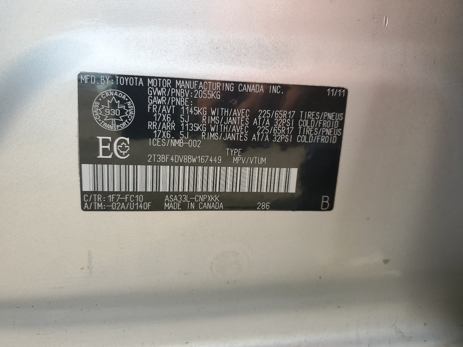 2T3BF4DV8BW167449 2011 Toyota Rav4