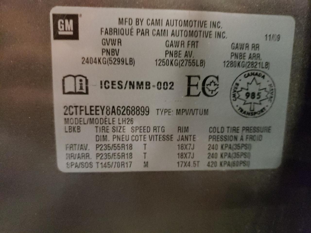 2010 GMC Terrain Sle VIN: 2CTFLEEY8A6268899 Lot: 60706224