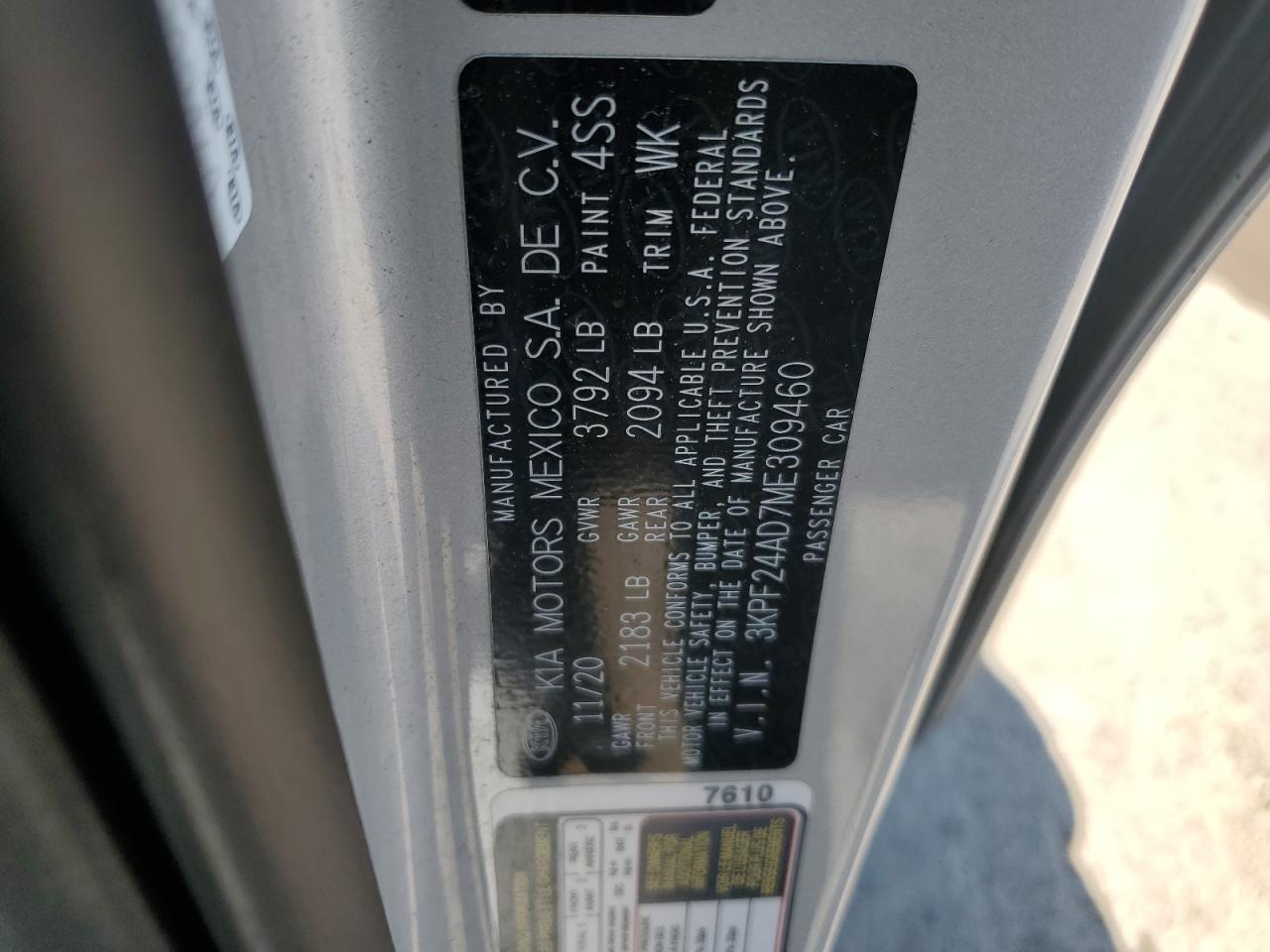 2021 Kia Forte Fe VIN: 3KPF24AD7ME309460 Lot: 59885274