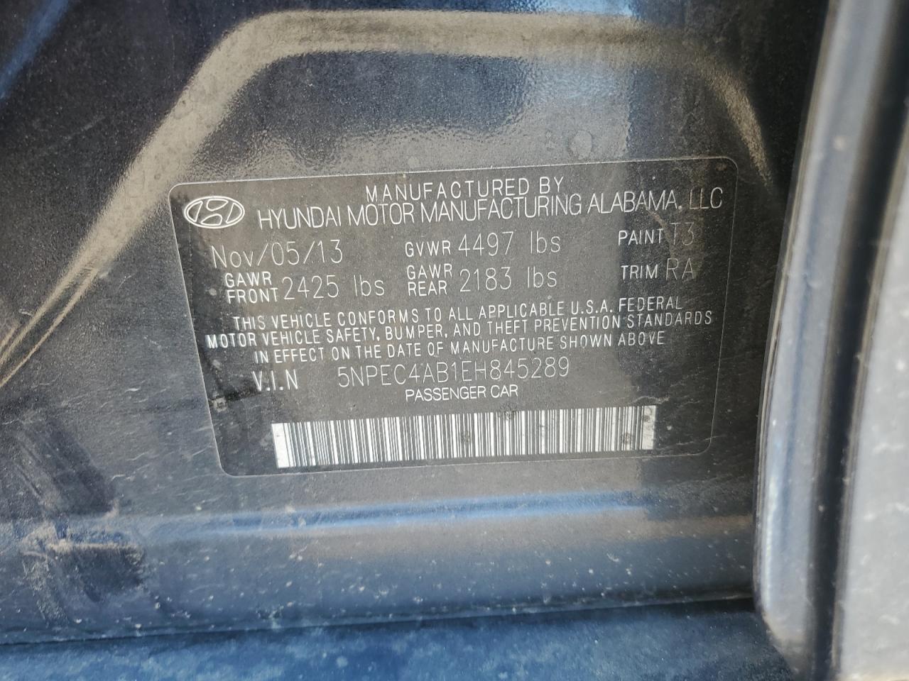 2014 Hyundai Sonata Se VIN: 5NPEC4AB1EH845289 Lot: 59529994