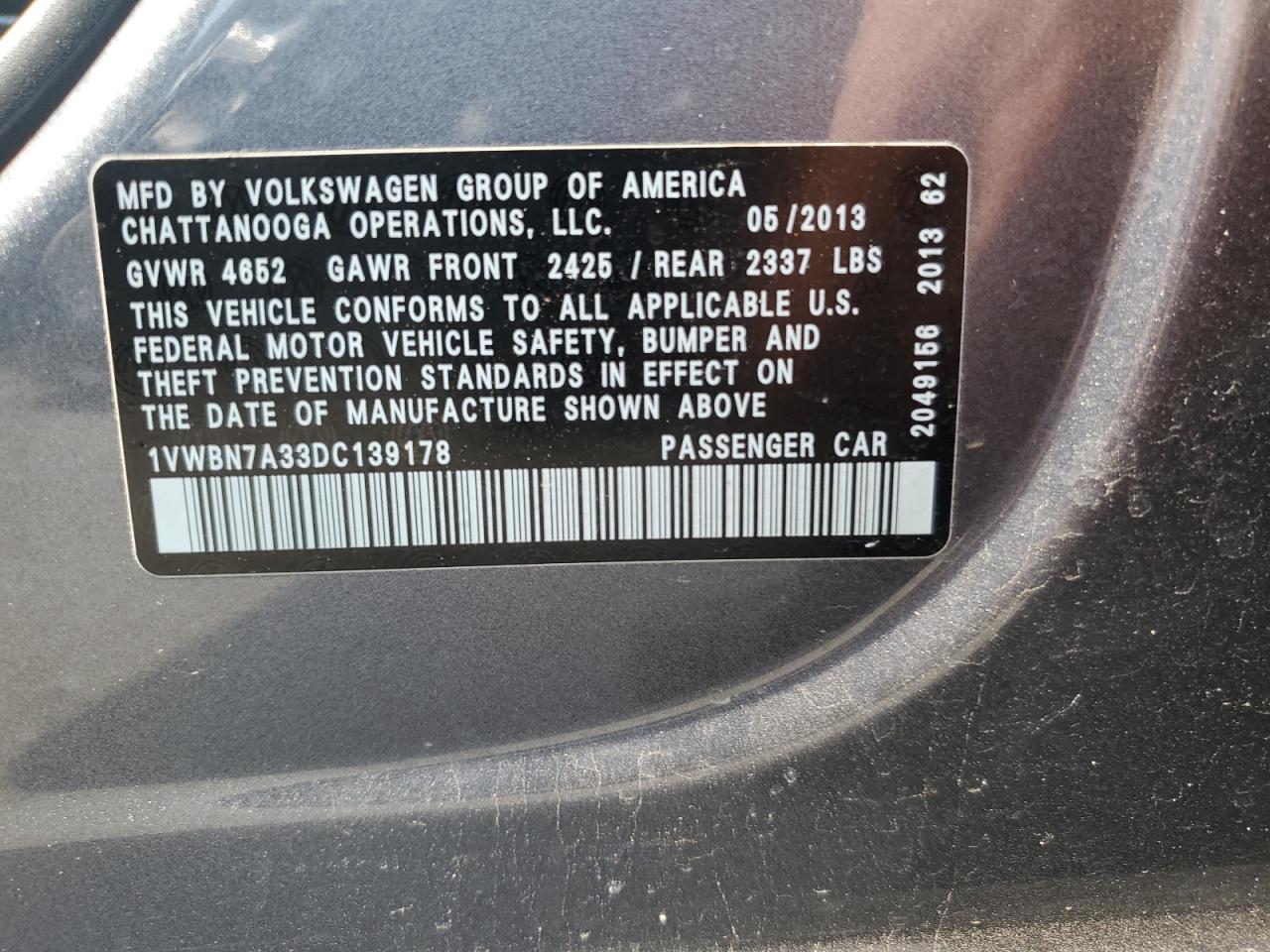 2013 Volkswagen Passat Se VIN: 1VWBN7A33DC139178 Lot: 59734074