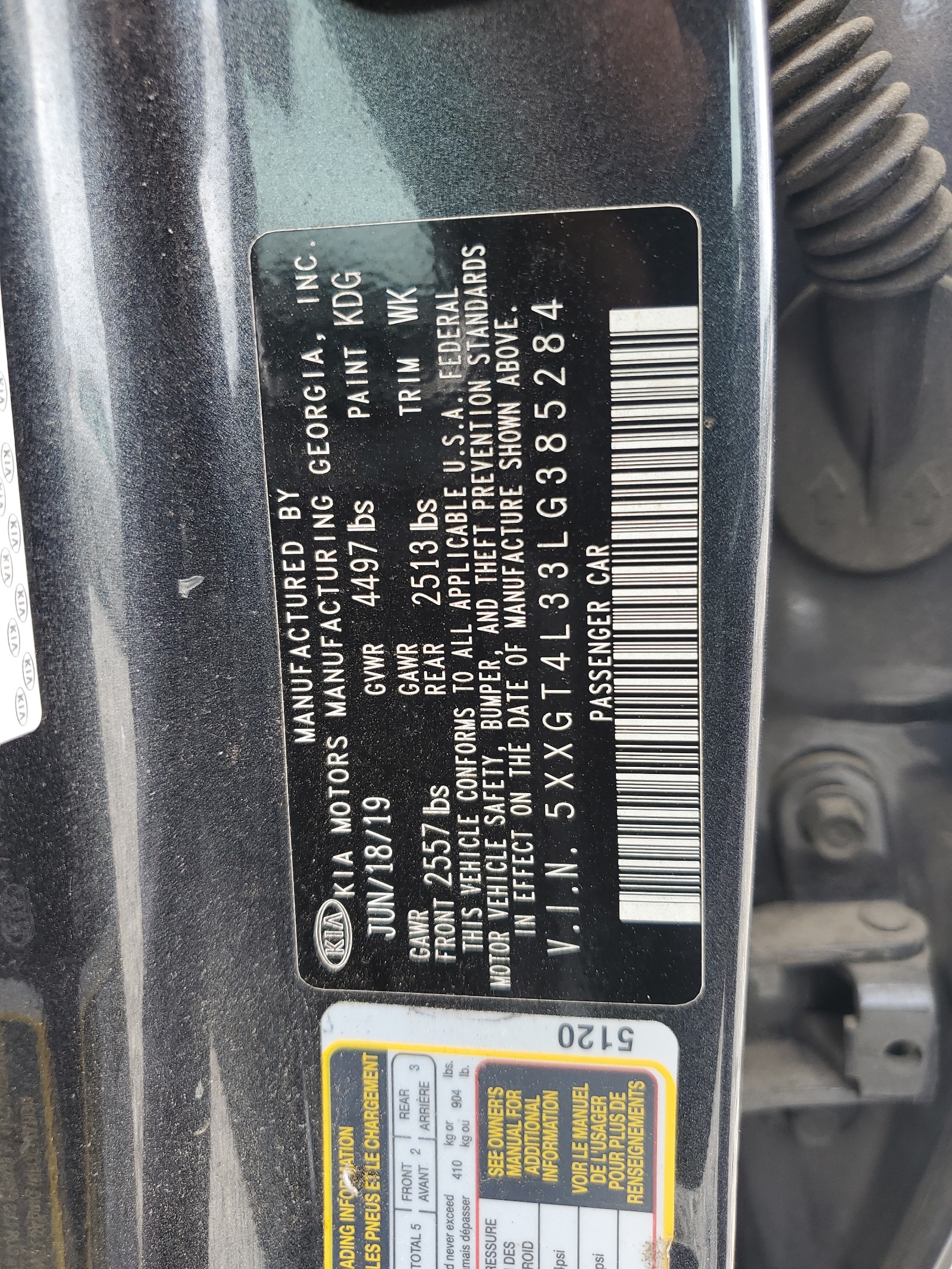 5XXGT4L33LG385284 2020 Kia Optima Lx